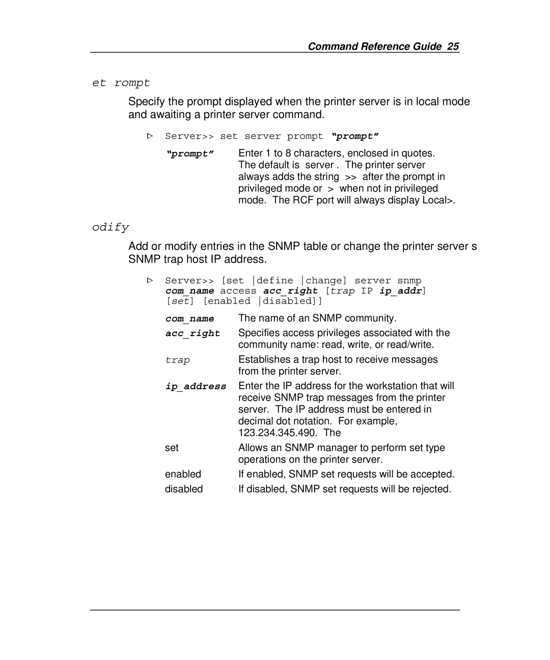 Emulex Printer Server manual Set Prompt, Modify Snmp, Server set server prompt prompt, Accright 