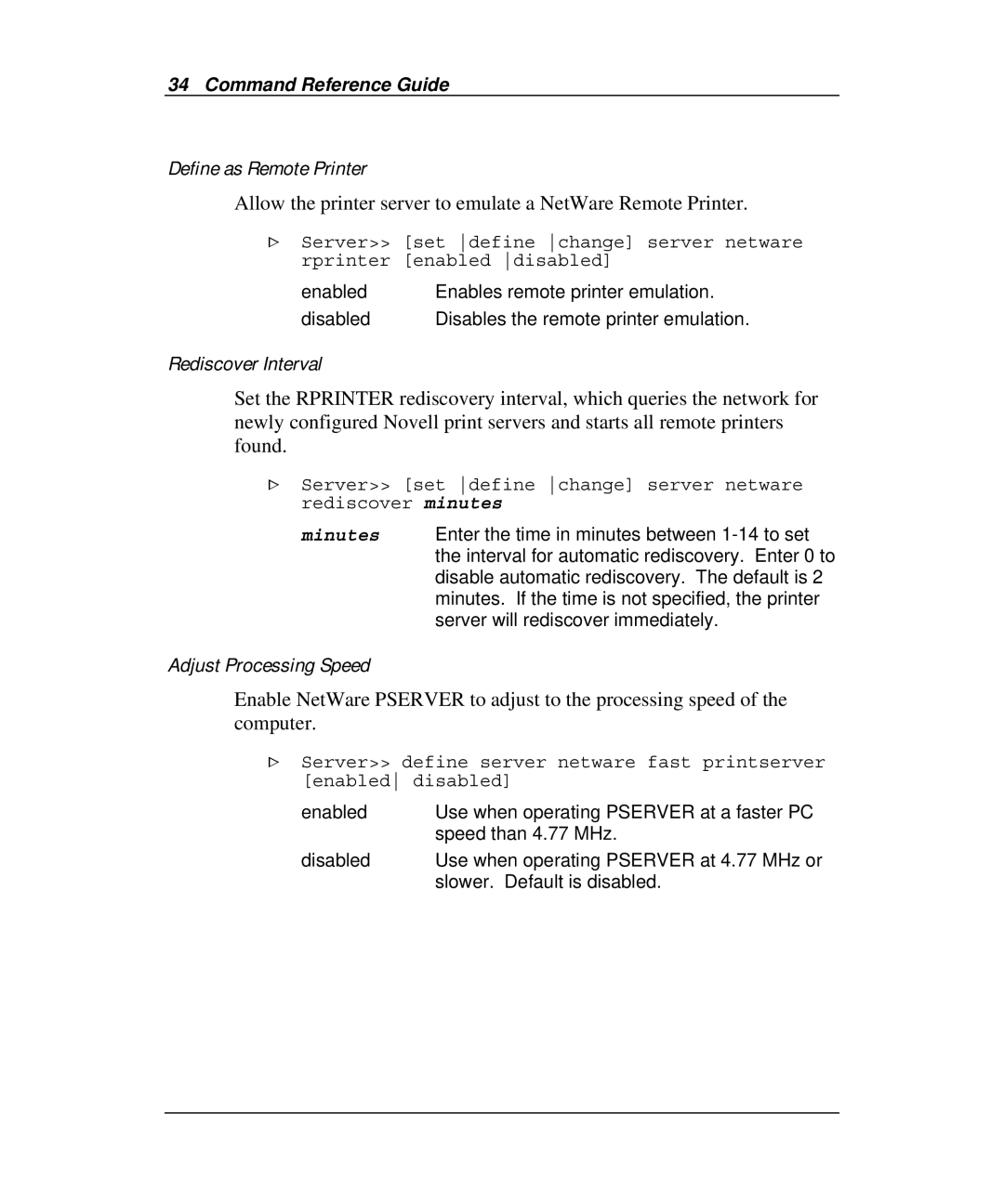 Emulex Printer Server manual Define as Remote Printer, Rediscover Interval, Adjust Processing Speed 