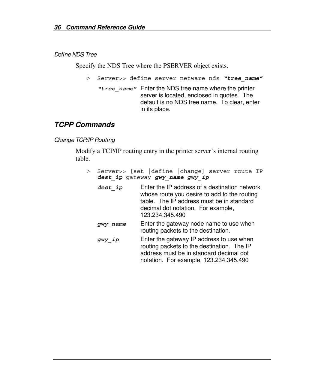 Emulex Printer Server manual TCP/IP Commands, Define NDS Tree, Specify the NDS Tree where the Pserver object exists, Gwyip 