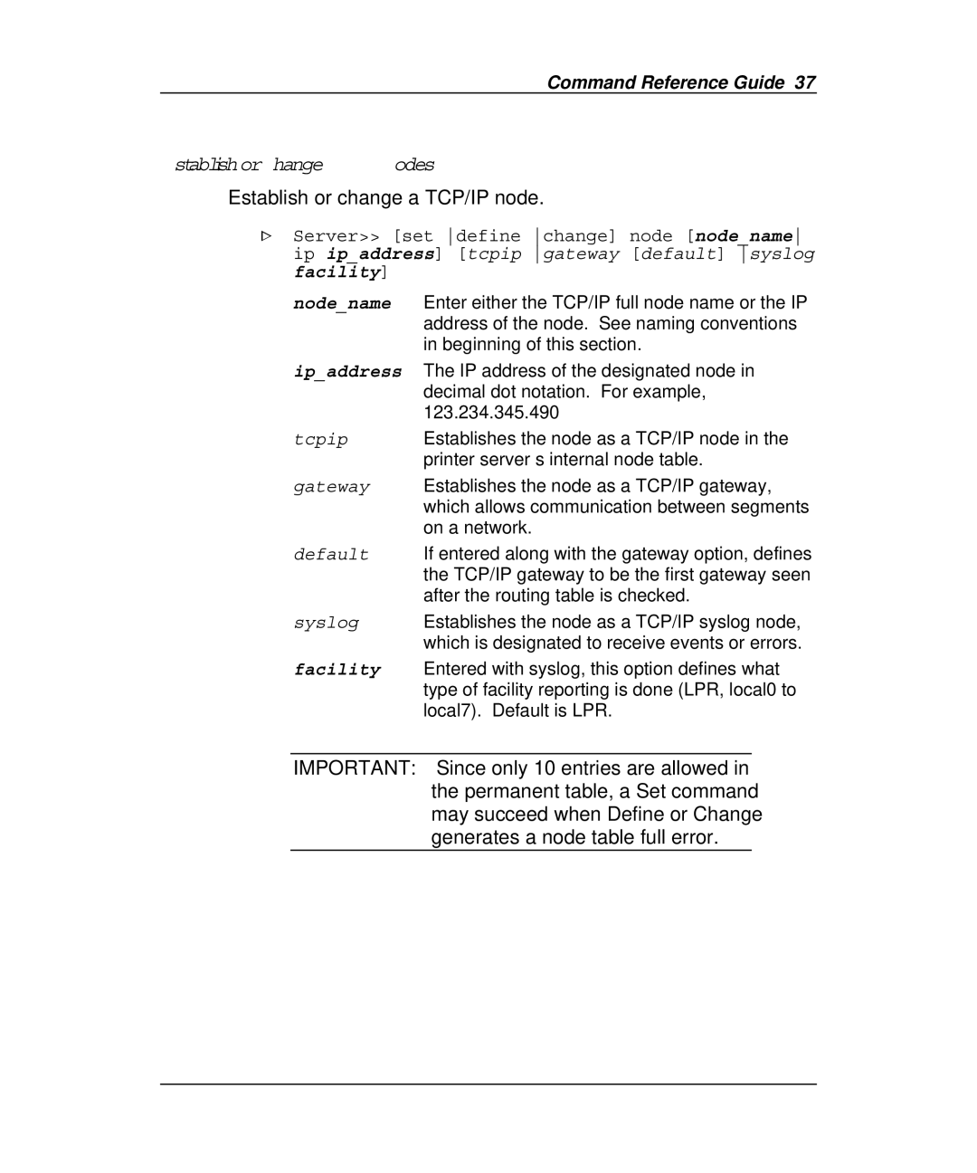 Emulex Printer Server manual Establish or Change TCP/IP Nodes, Establish or change a TCP/IP node 