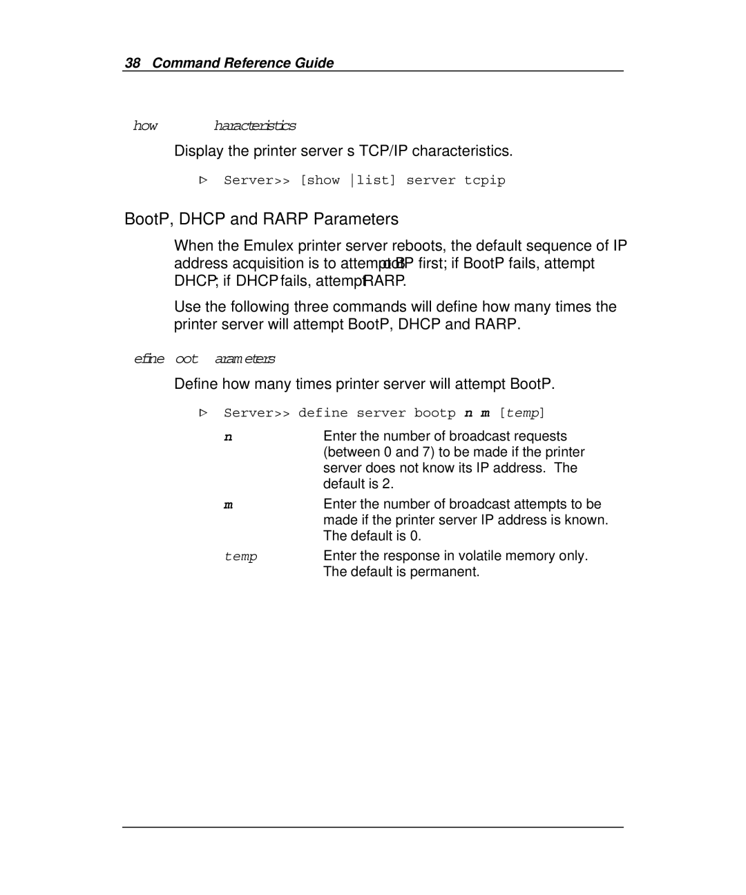 Emulex Printer Server manual BootP, Dhcp and Rarp Parameters, Show TCP/IP Characteristics, Define BootP Parameters 