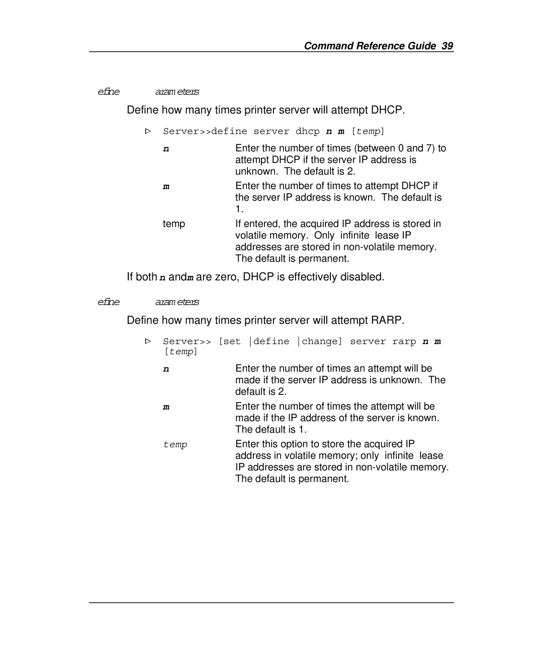 Emulex Printer Server manual Define Dhcp Parameters, Define how many times printer server will attempt Dhcp 