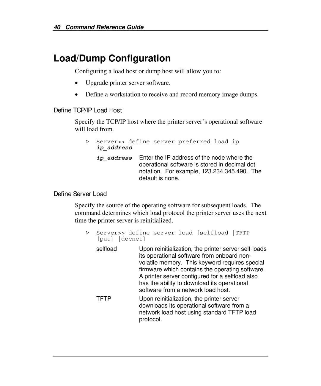 Emulex Printer Server manual Load/Dump Configuration, Define TCP/IP Load Host, Define Server Load 