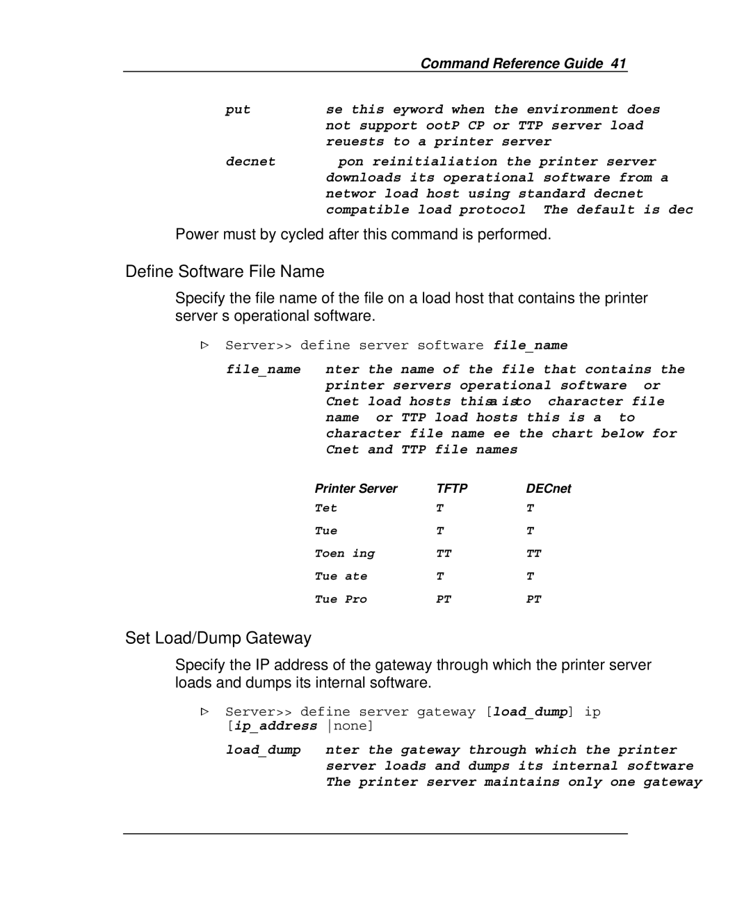 Emulex Printer Server manual Define Software File Name, Set Load/Dump Gateway, Server define server software filename 