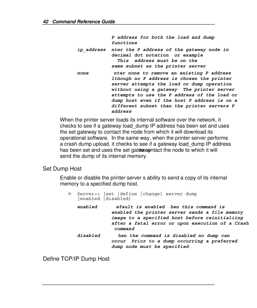 Emulex Printer Server manual Set Dump Host, Define TCP/IP Dump Host, Server set define change server dump enabled disabled 