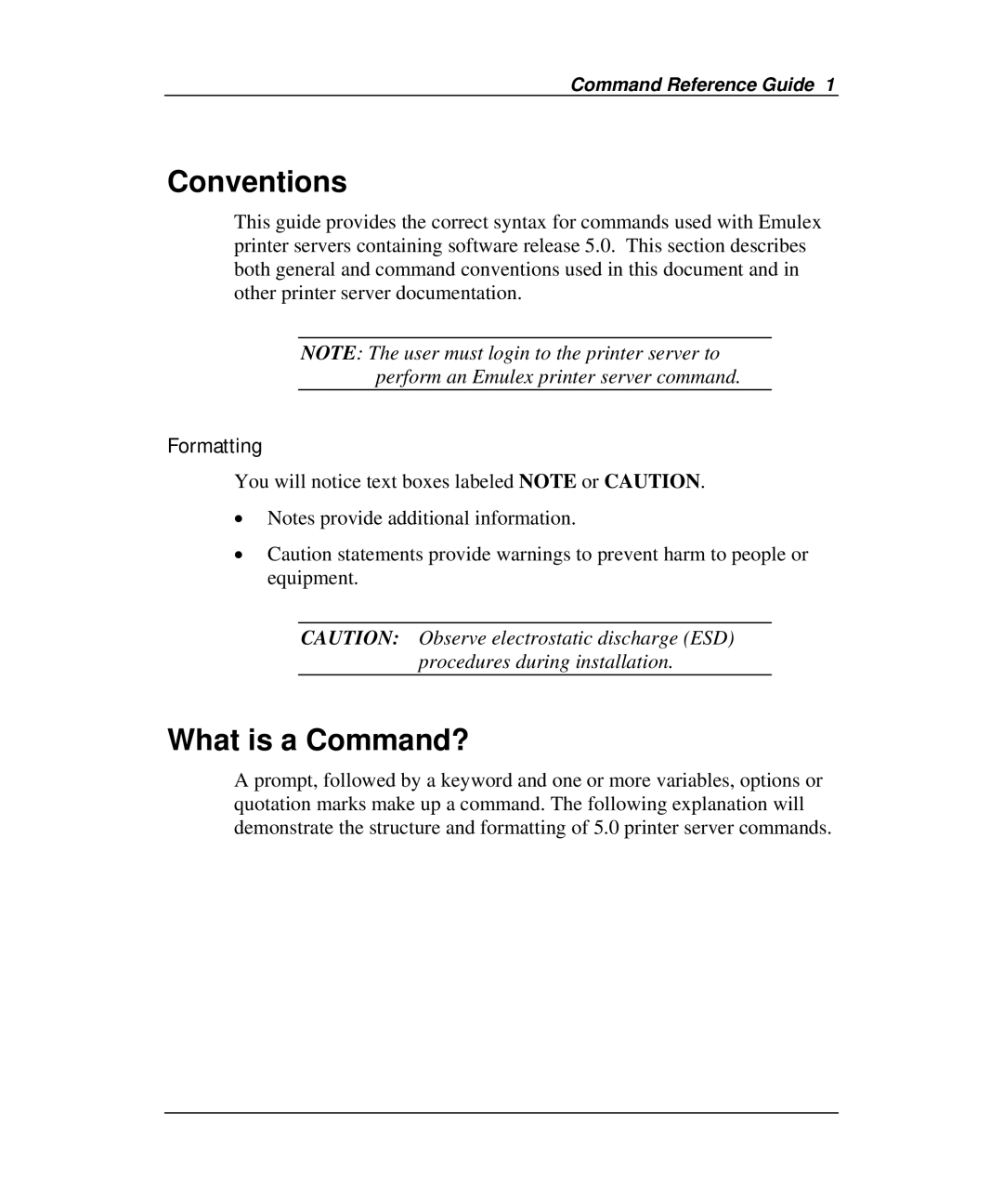 Emulex Printer Server Conventions, What is a Command?, Formatting, You will notice text boxes labeled Note or Caution 