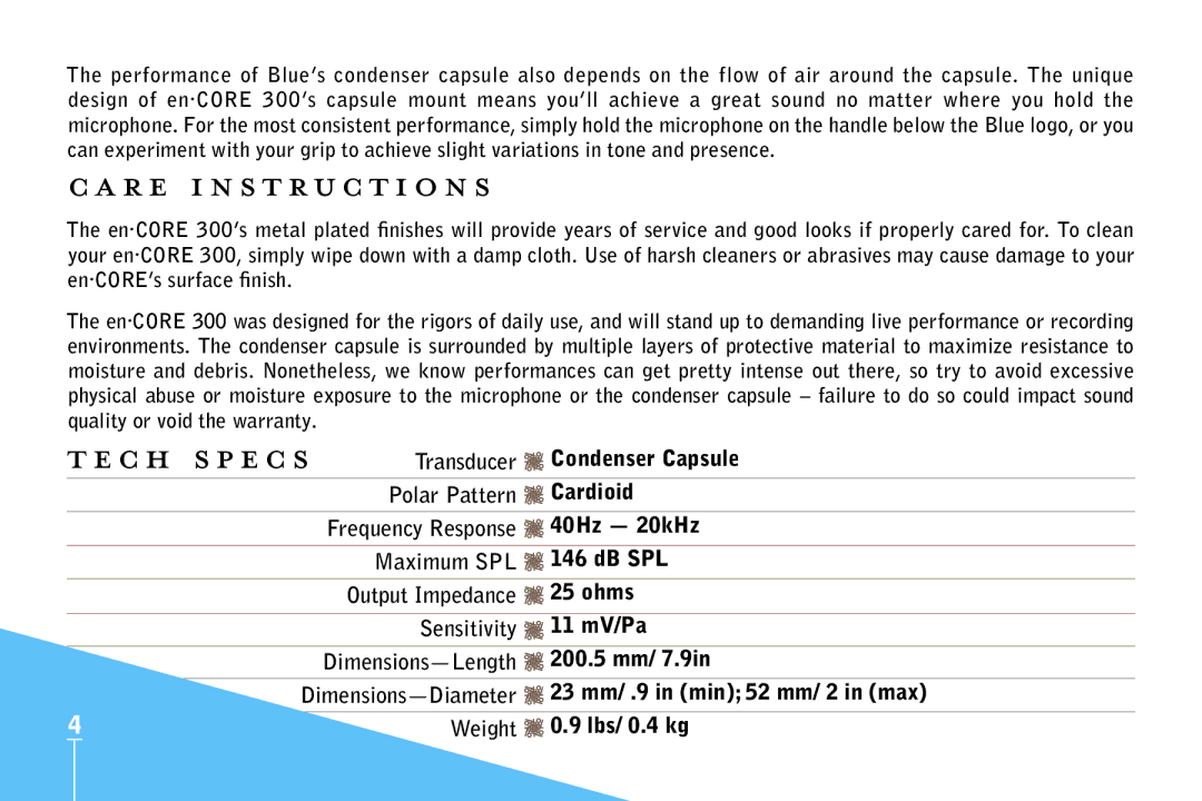 Encore electronic 300 manual Care instructions, Tech specs 