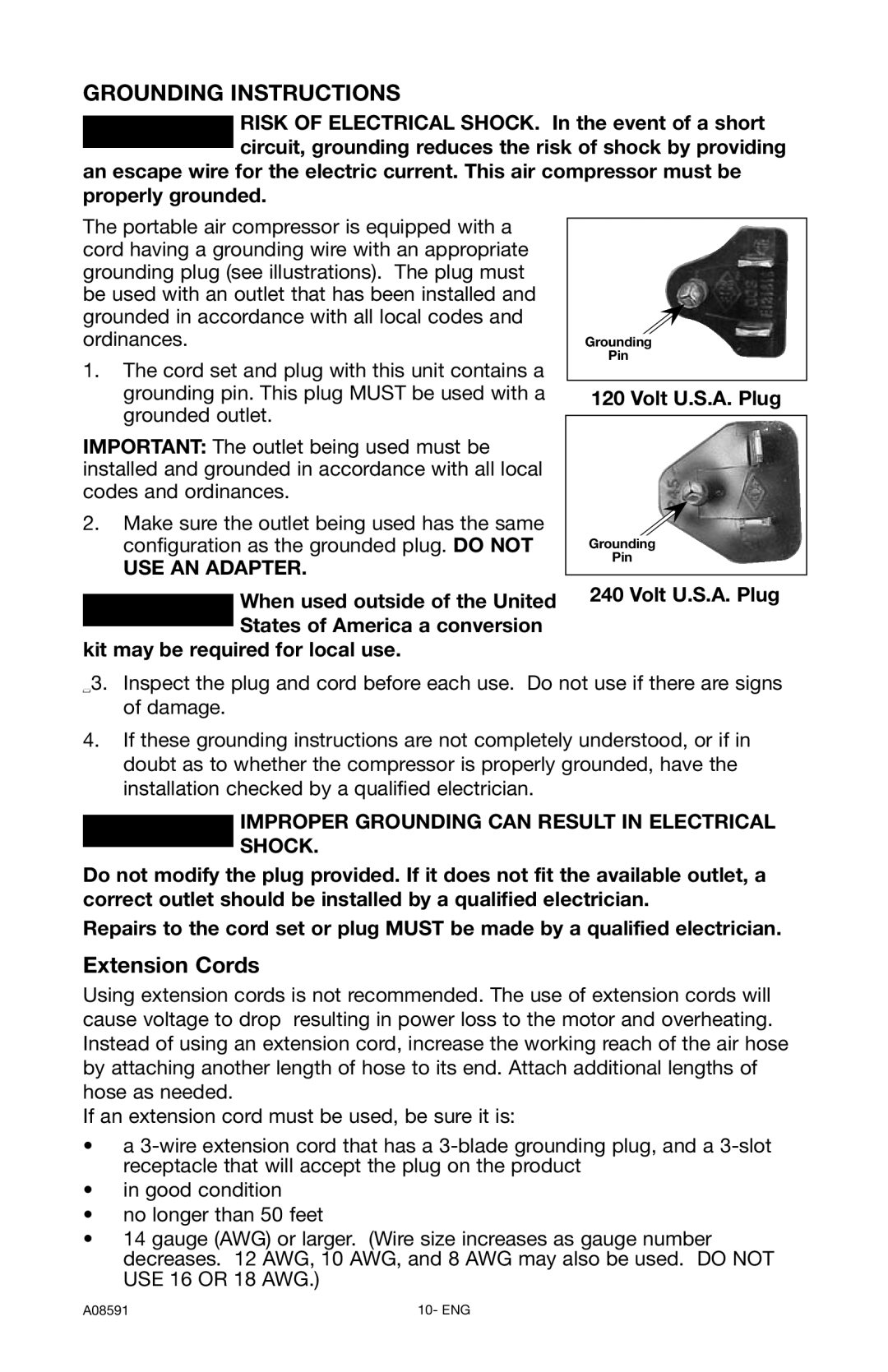 Encore electronic (66-501-1) instruction manual Grounding Instructions, Extension Cords 