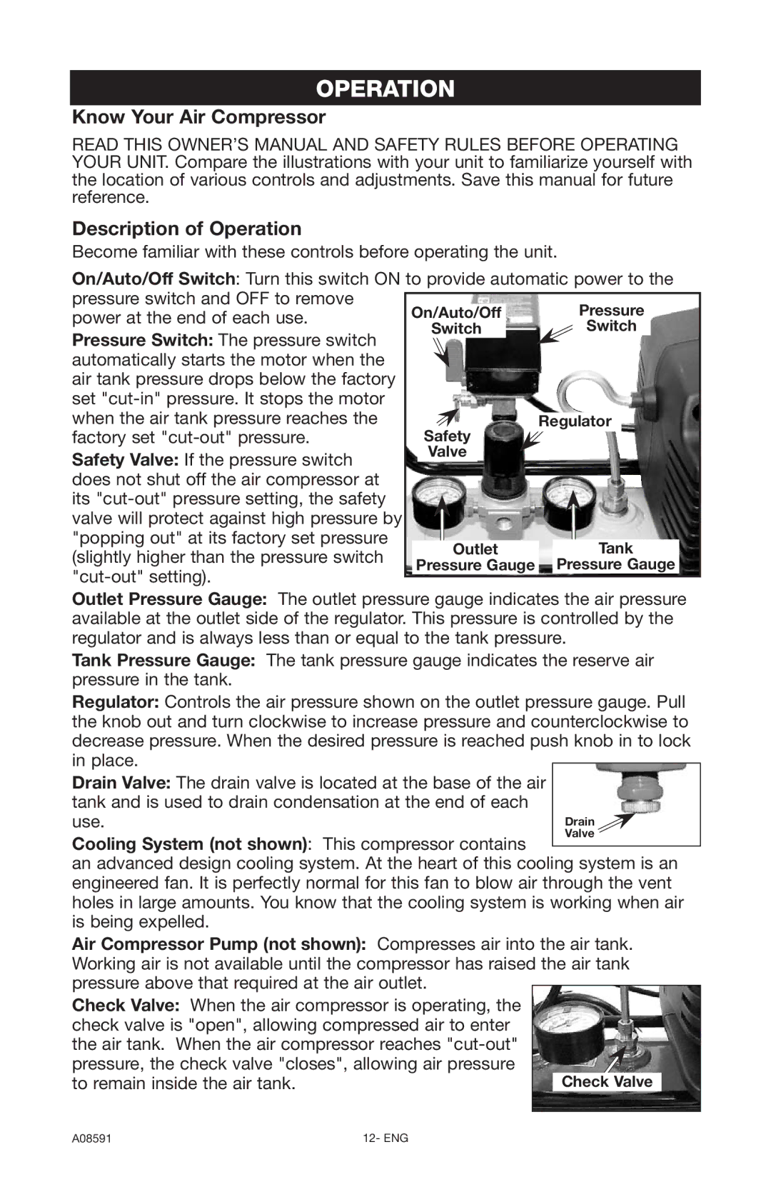 Encore electronic (66-501-1) Know Your Air Compressor Description of Operation, Regulator, Check Valve 