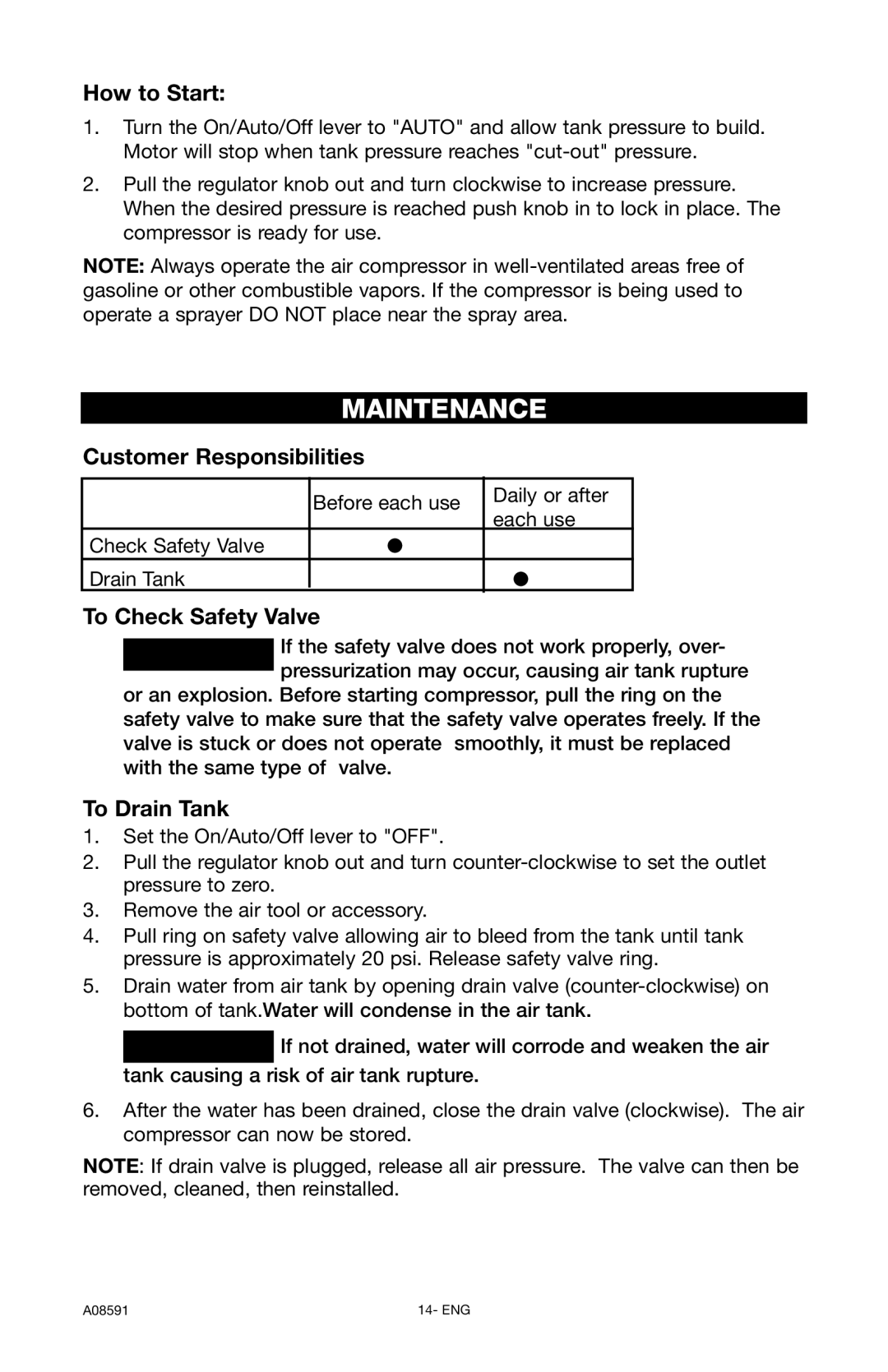 Encore electronic (66-501-1) Maintenance, How to Start, Customer Responsibilities, To Check Safety Valve, To Drain Tank 