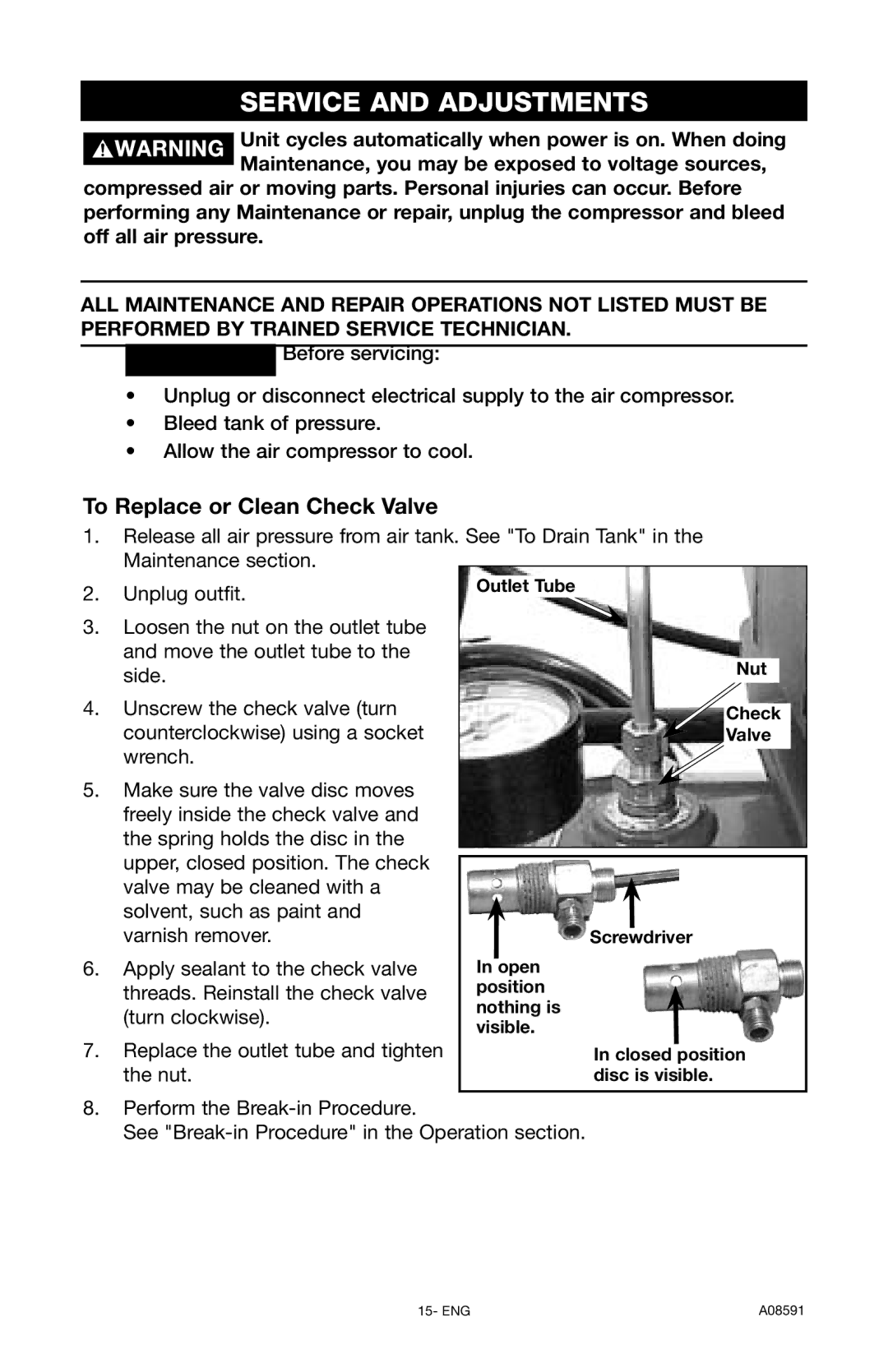 Encore electronic (66-501-1) instruction manual Service and Adjustments, To Replace or Clean Check Valve, Outlet Tube 