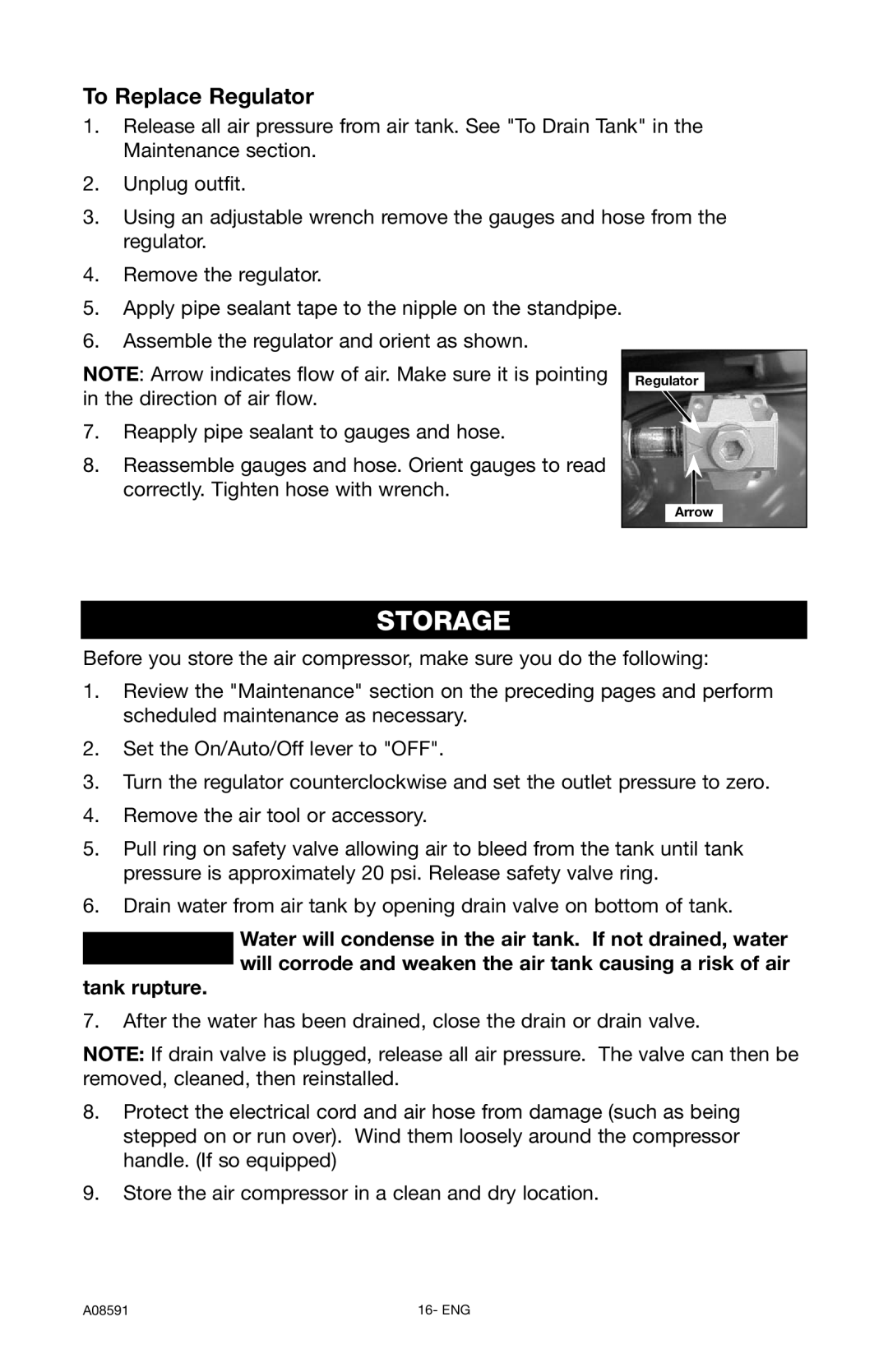 Encore electronic (66-501-1) instruction manual Storage, To Replace Regulator 