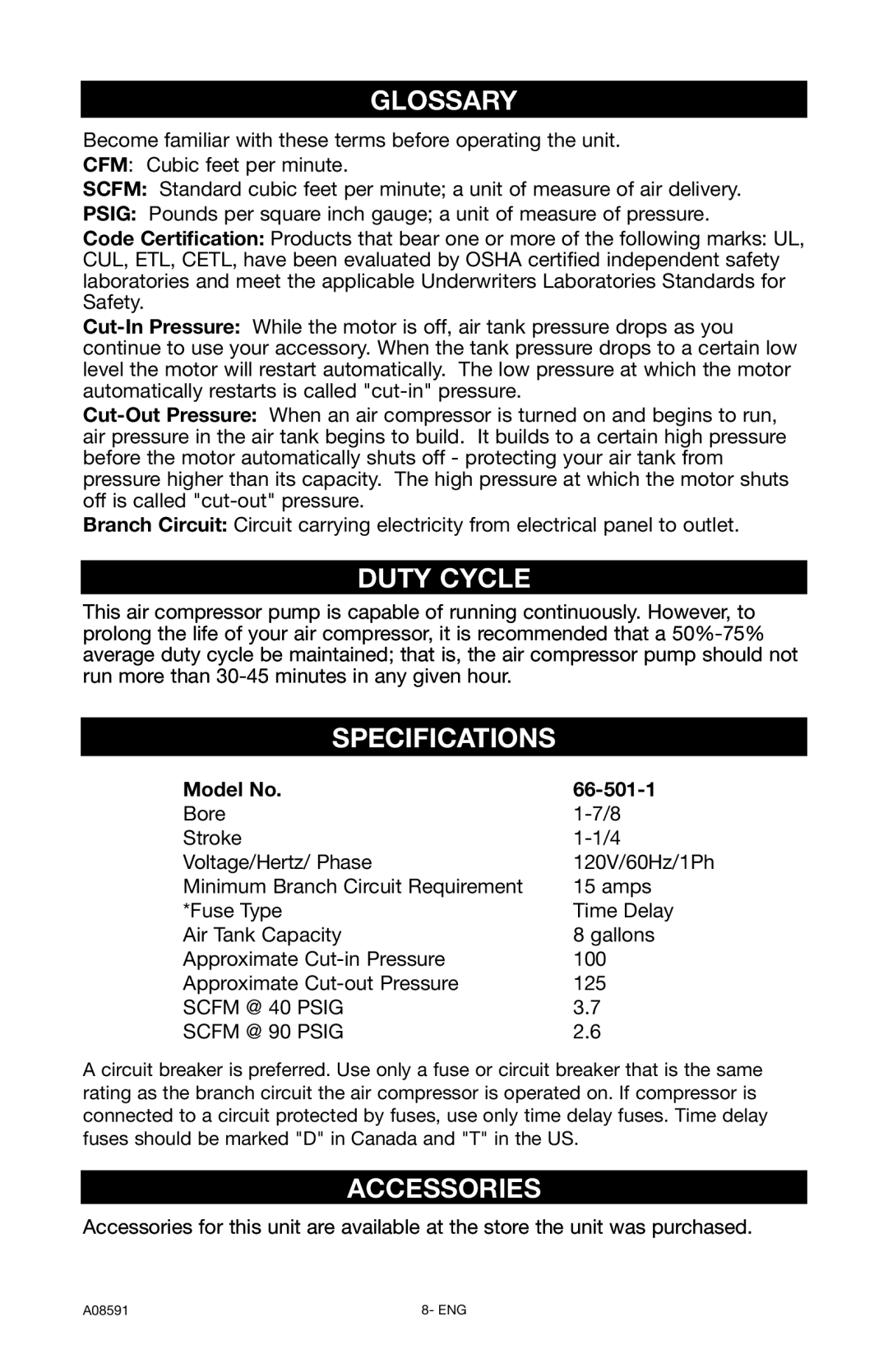 Encore electronic (66-501-1) instruction manual Glossary, Duty Cycle, Specifications, Accessories 