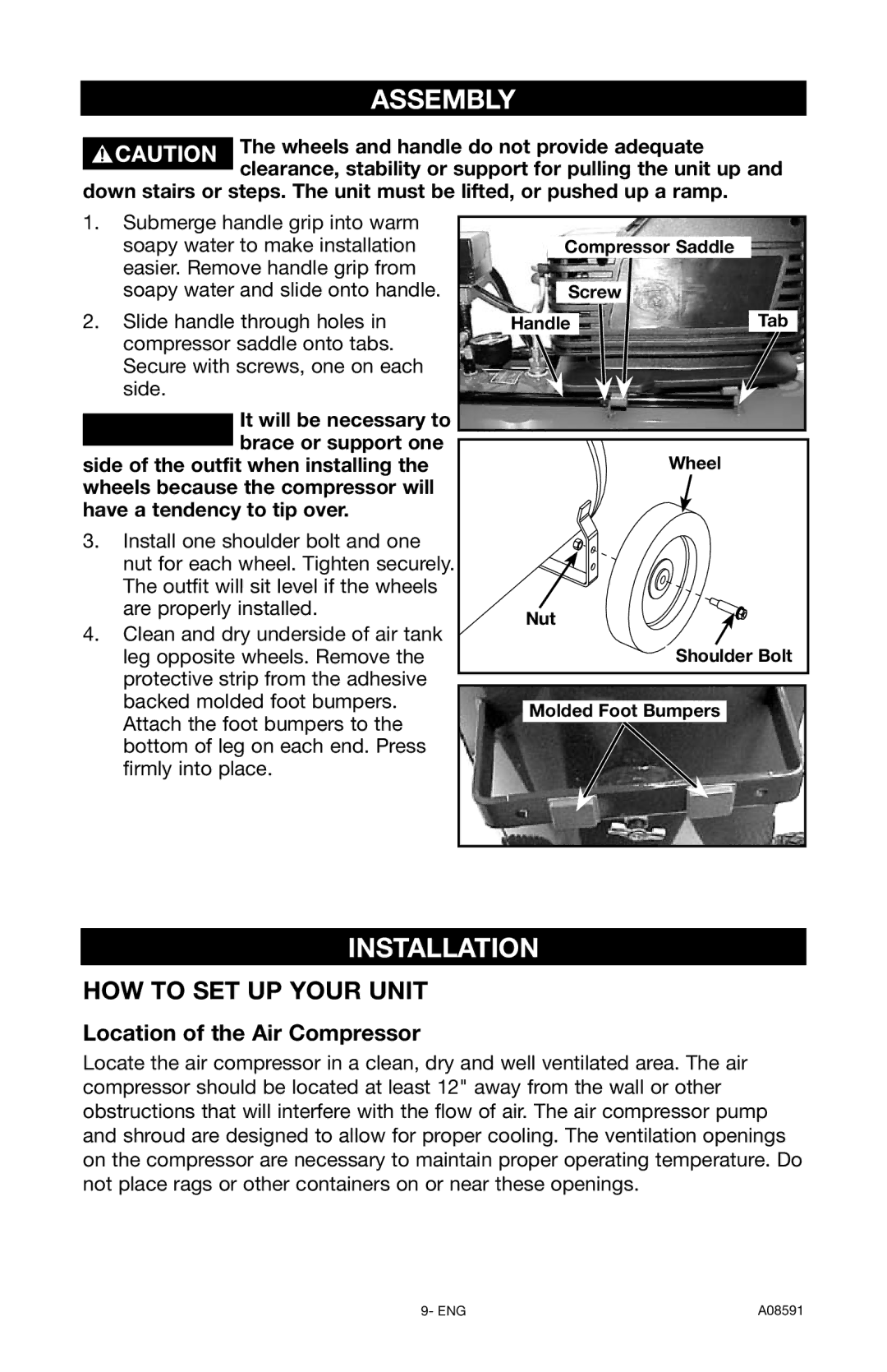 Encore electronic (66-501-1) instruction manual Assembly, Installation, Location of the Air Compressor 