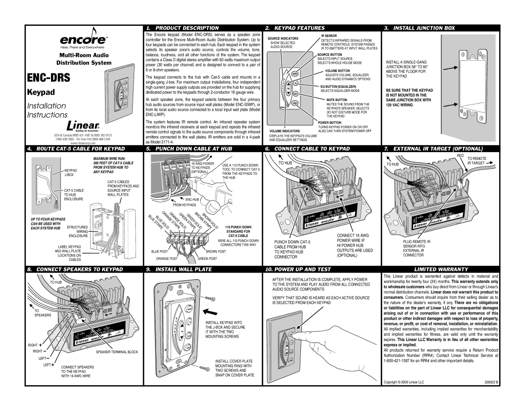 Encore electronic ENC-DRS installation instructions Route CAT-5 Cable for Keypad, Connect Speakers to Keypad 