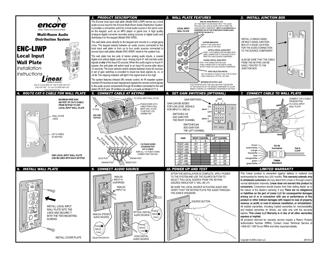 Encore electronic ENC-LIWP installation instructions Route CAT-5 Cable for Wall Plate, Install Wall Plate 