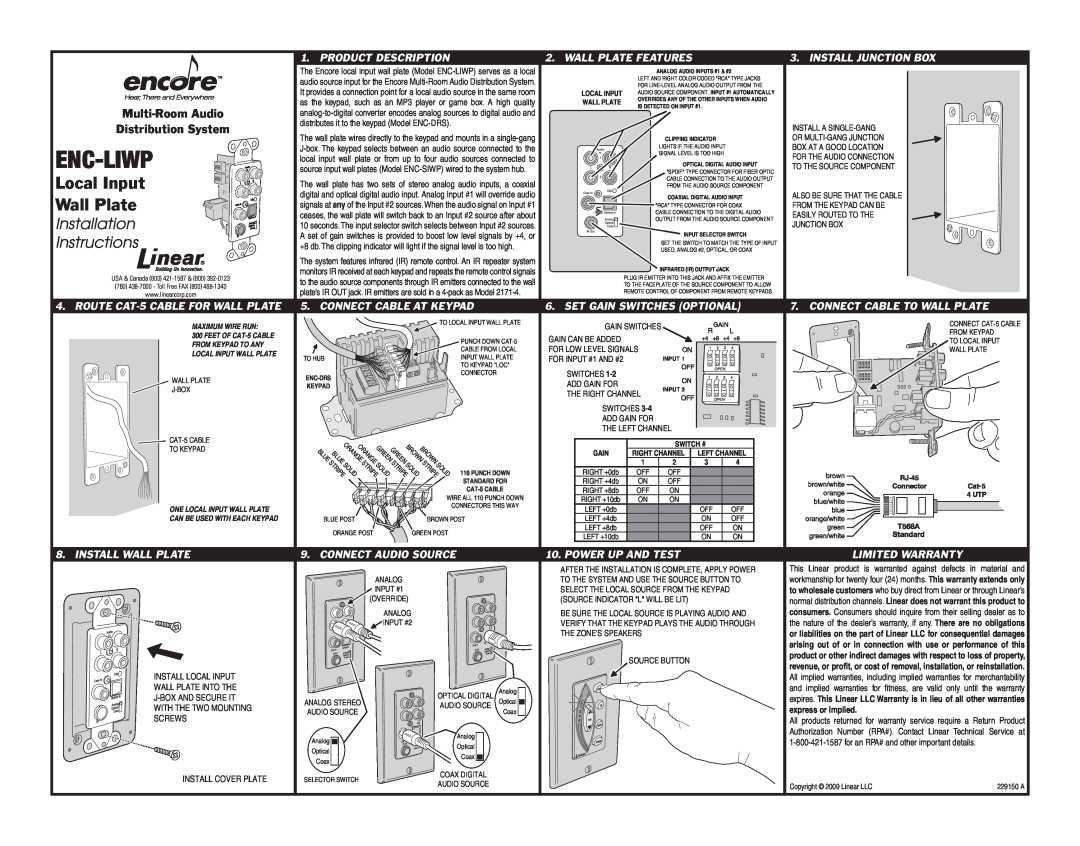 Encore electronic ENC-LIWP installation instructions Enc-Liwp, Local Input Wall Plate, Installation Instructions, Soli 