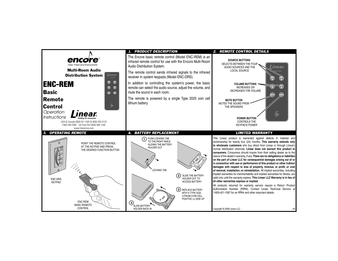 Encore electronic ENC-REM warranty Product Description Remote Control Details 