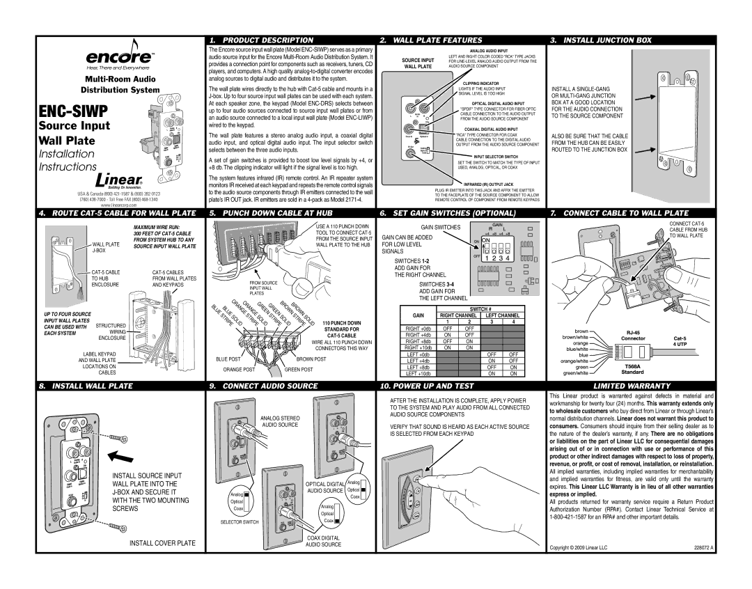 Encore electronic ENC-SIWP installation instructions Route CAT-5 Cable for Wall Plate, Install Wall Plate 