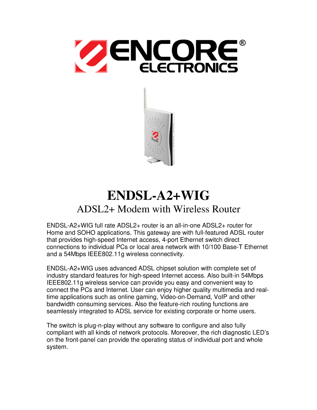 Encore electronic ENDSL-A2+WIG manual ADSL2+ Modem with Wireless Router 