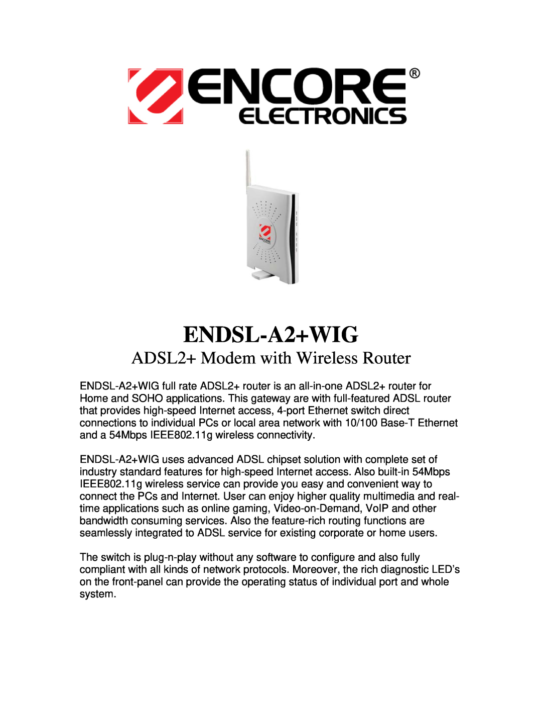 Encore electronic ENDSL-A2+WIG manual ADSL2+ Modem with Wireless Router 