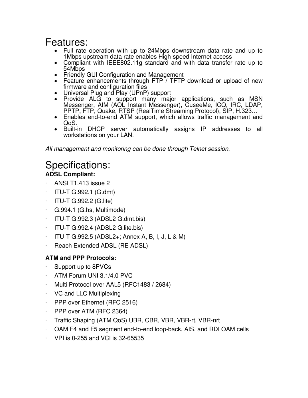 Encore electronic ENDSL-A2+WIG2 manual Adsl Compliant, ATM and PPP Protocols 