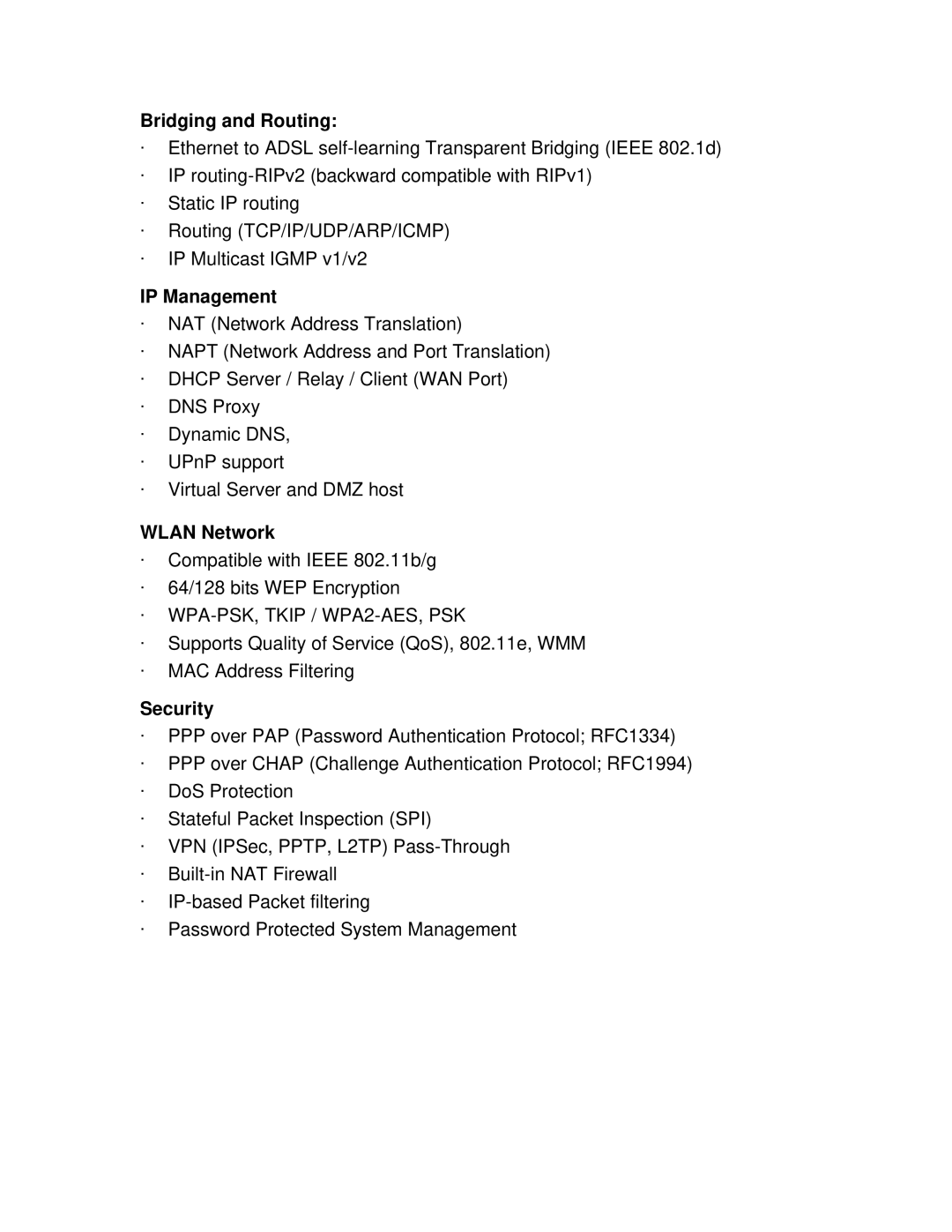 Encore electronic ENDSL-A2+WIG2 manual Bridging and Routing, IP Management, Wlan Network, Security 