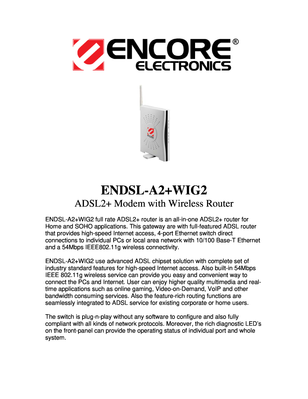Encore electronic ENDSL-A2+WIG2 manual ADSL2+ Modem with Wireless Router 