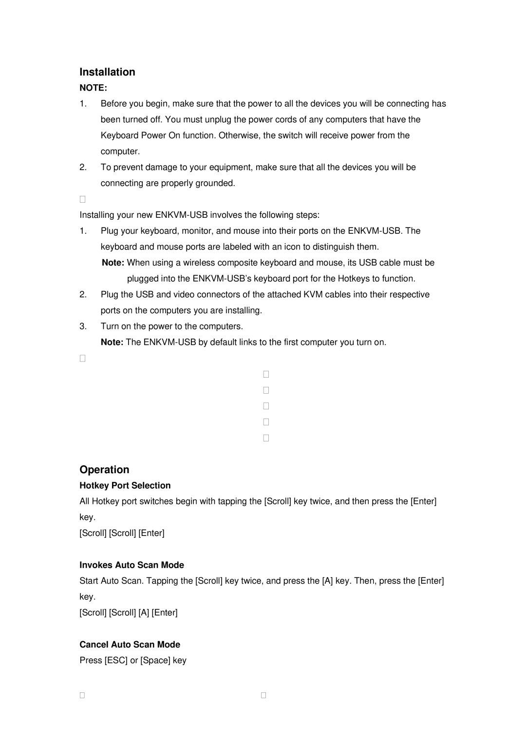 Encore electronic ENKVM-USB Installation, Operation, Hotkey Port Selection, Invokes Auto Scan Mode, Cancel Auto Scan Mode 