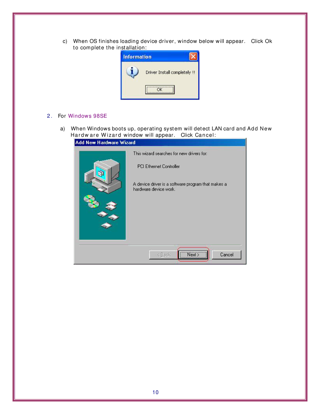 Encore electronic ENL832-TX-EN, ENL832-TX-RENT, ENL832-TX-ICNT specifications For Windows 98SE 