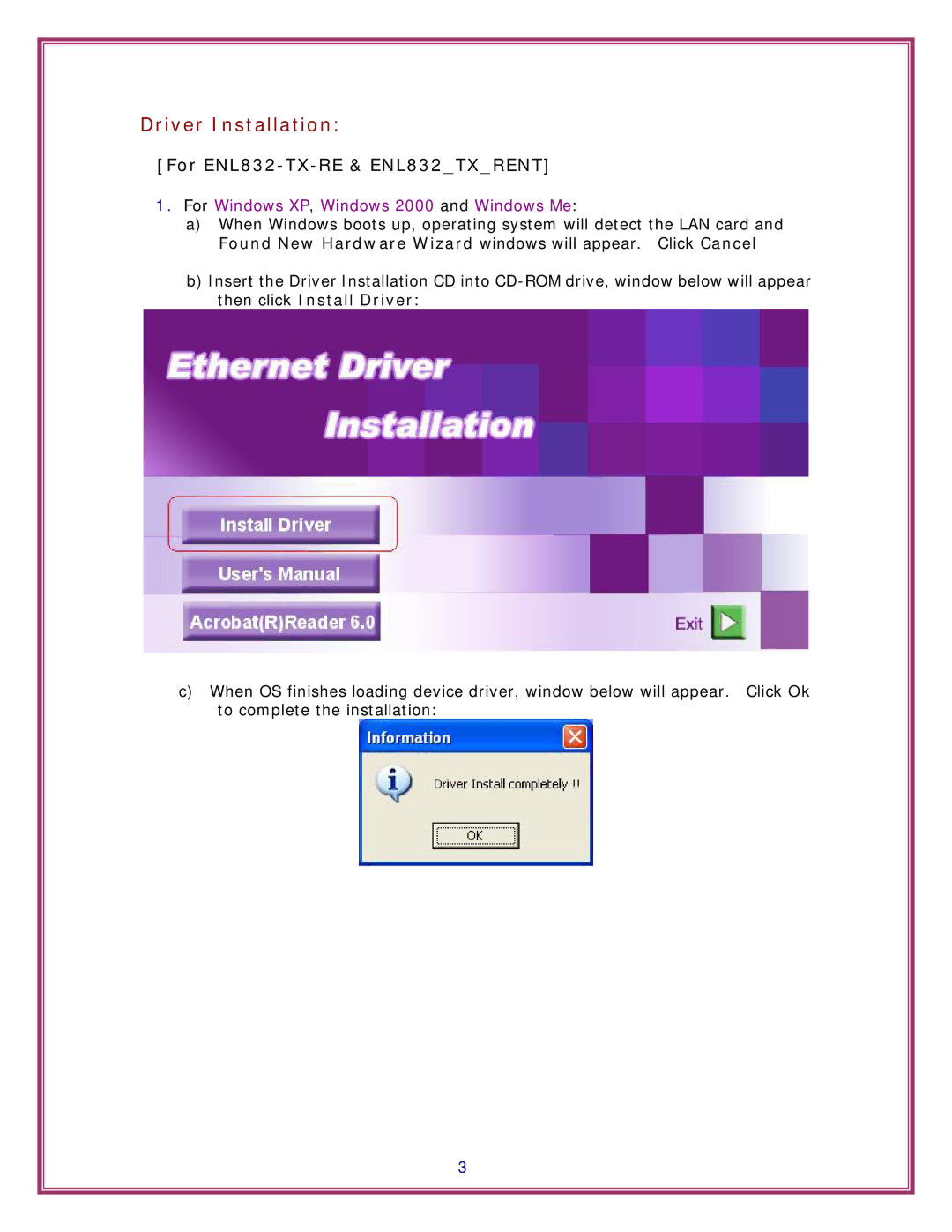 Encore electronic ENL832-TX-ICNT, ENL832-TX-RENT Driver Installation, For Windows XP, Windows 2000 and Windows Me 