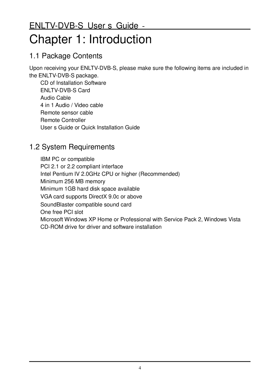 Encore electronic ENLTV-DVB-S manual Introduction, Package Contents, System Requirements 