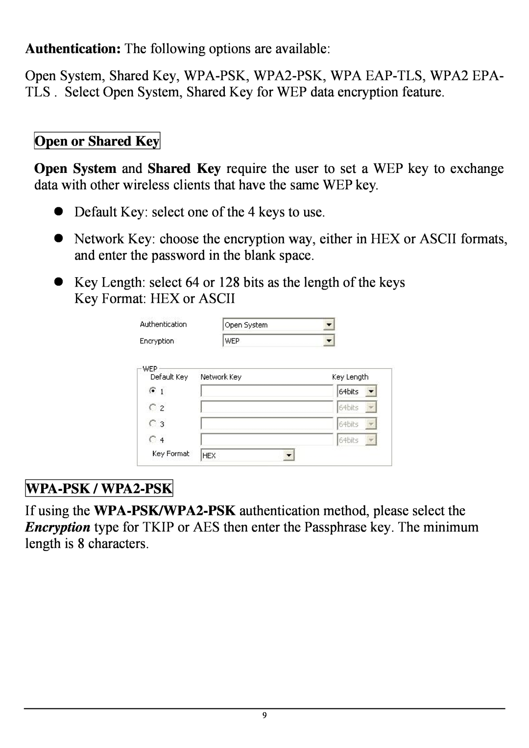 Encore electronic ENLWI-NX2 manual Open or Shared Key, WPA-PSK / WPA2-PSK 