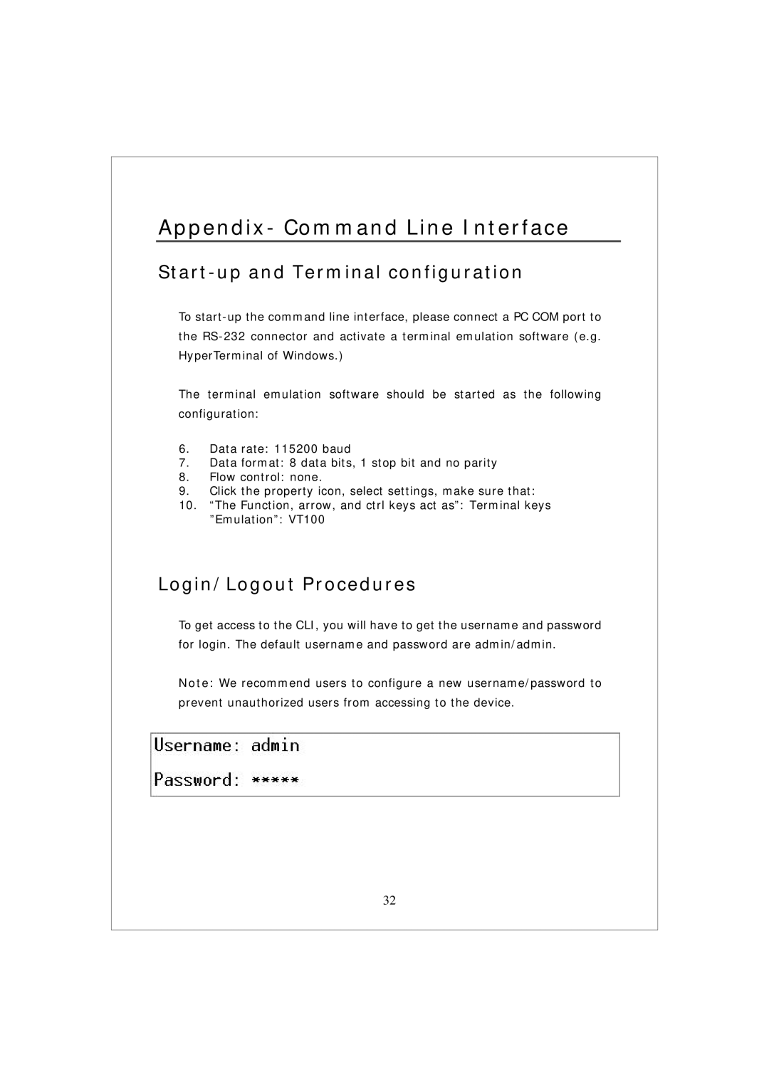 Encore electronic ENMGS-24+4 manual Appendix- Command Line Interface, Start-up and Terminal configuration 