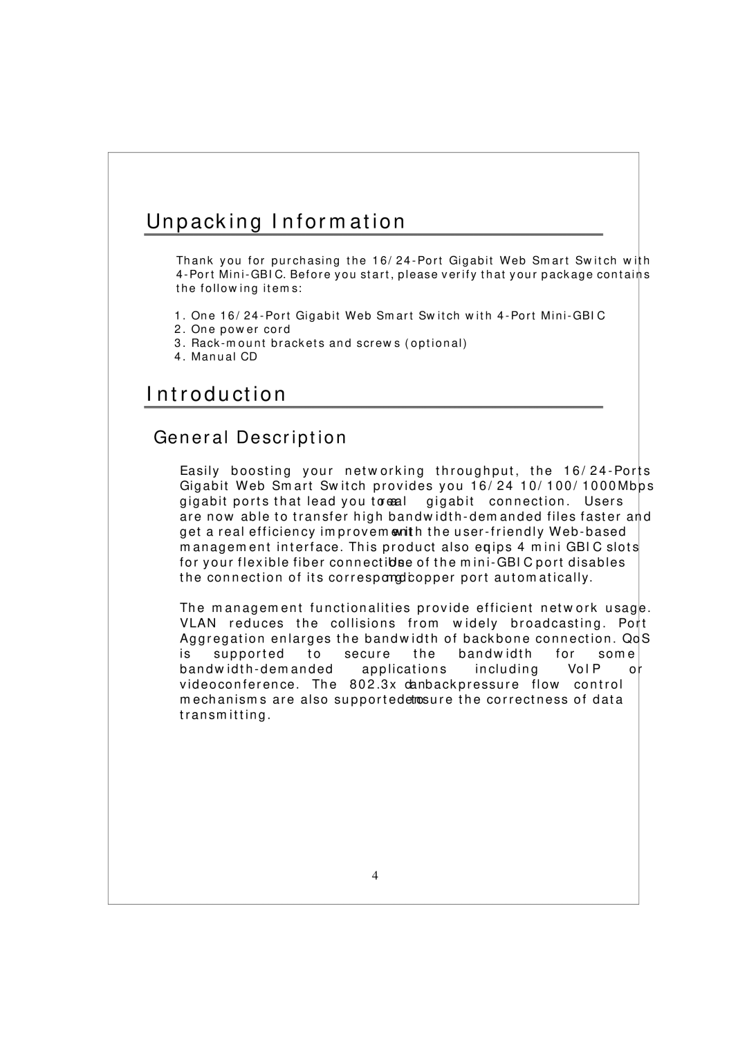 Encore electronic ENMGS-24+4 manual Unpacking Information, Introduction, General Description 