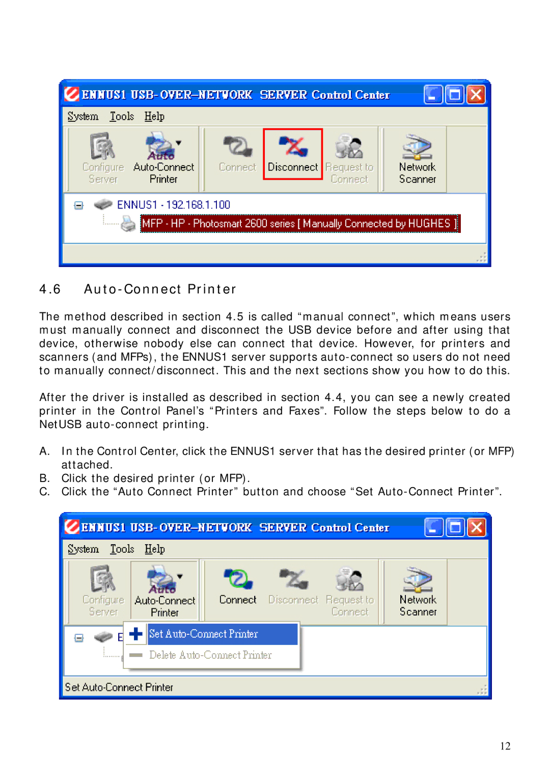 Encore electronic ENNUS1 user manual Auto-Connect Printer 