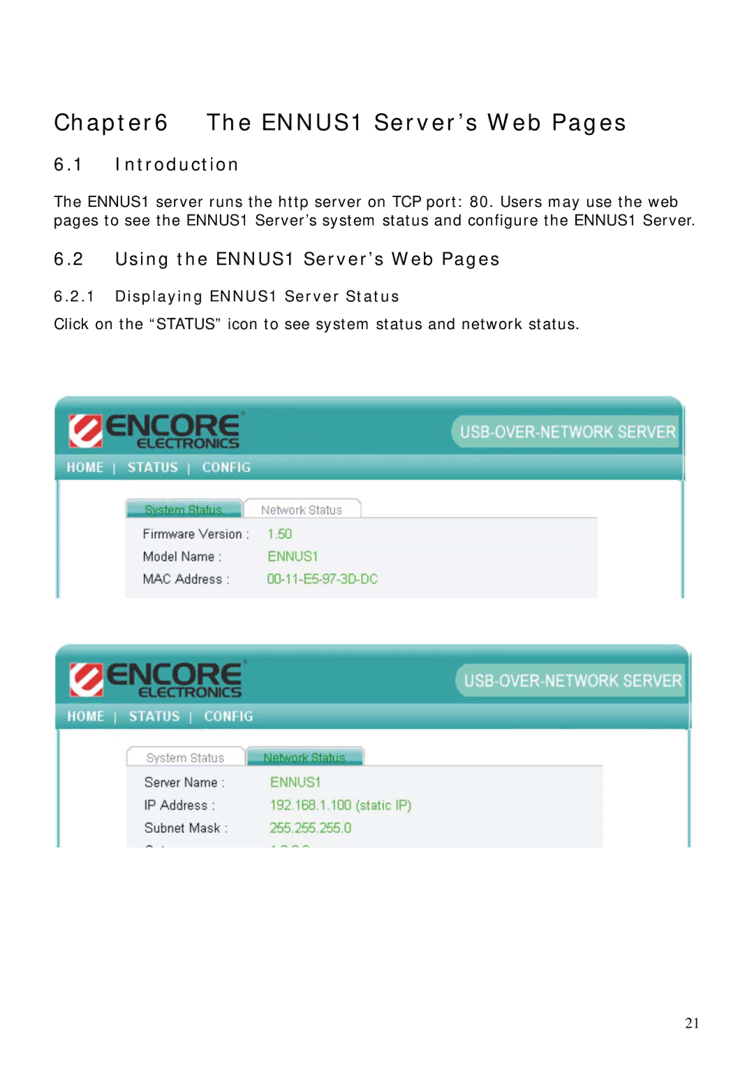 Encore electronic user manual Using the ENNUS1 Server’s Web Pages, Displaying ENNUS1 Server Status 