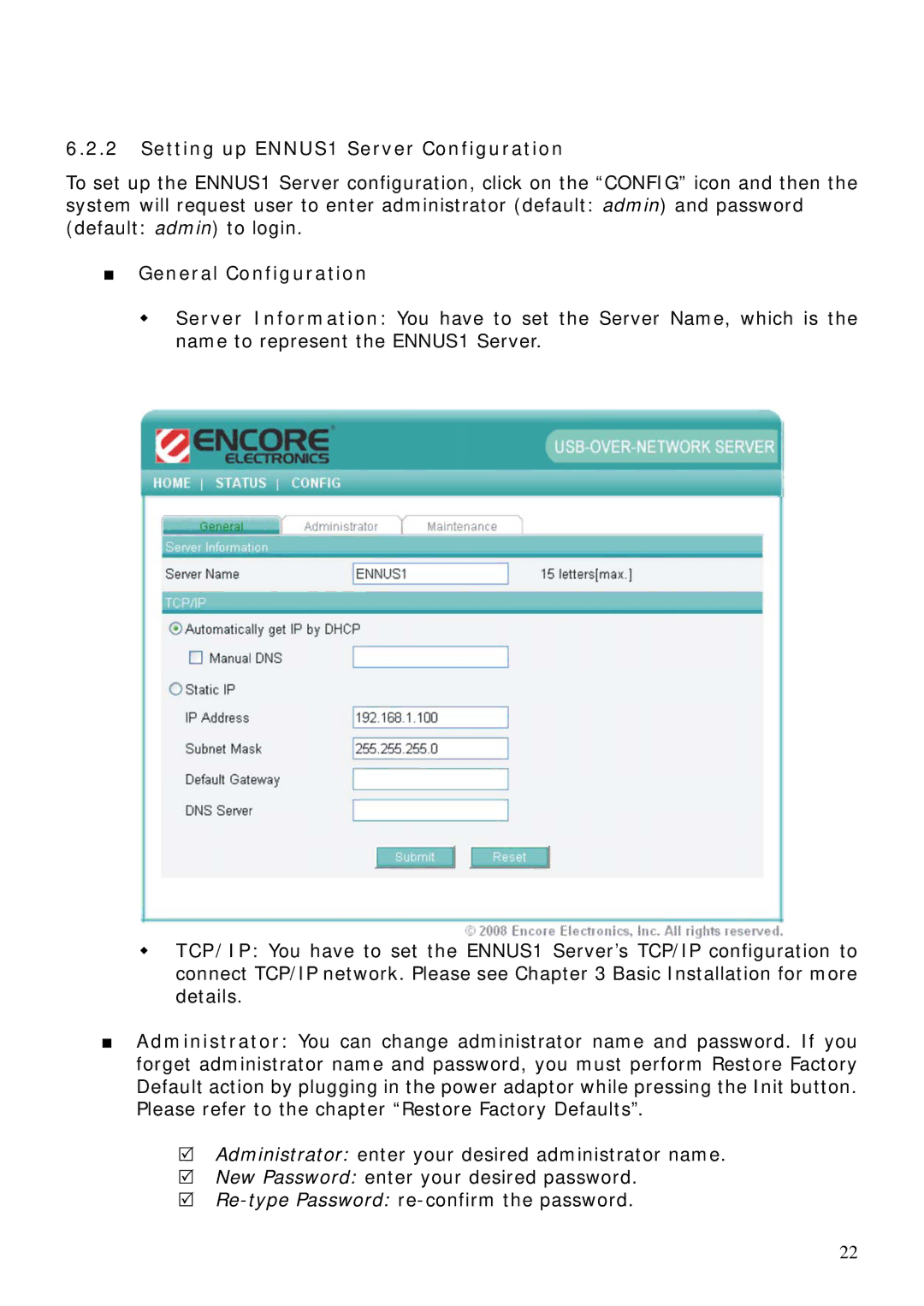 Encore electronic user manual Setting up ENNUS1 Server Configuration, „ General Configuration 