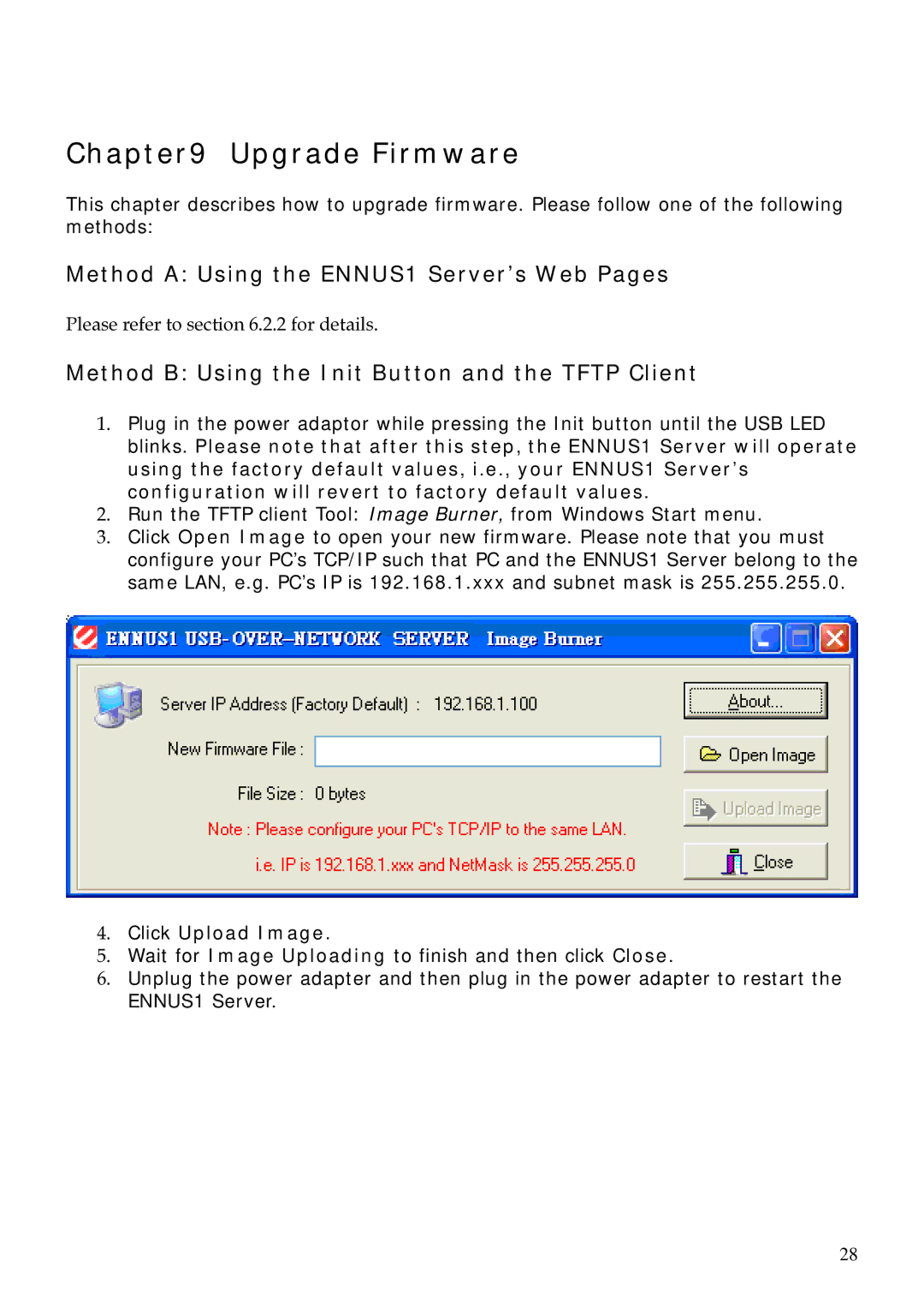 Encore electronic user manual Upgrade Firmware, Method a Using the ENNUS1 Server’s Web Pages, Click Upload Image 