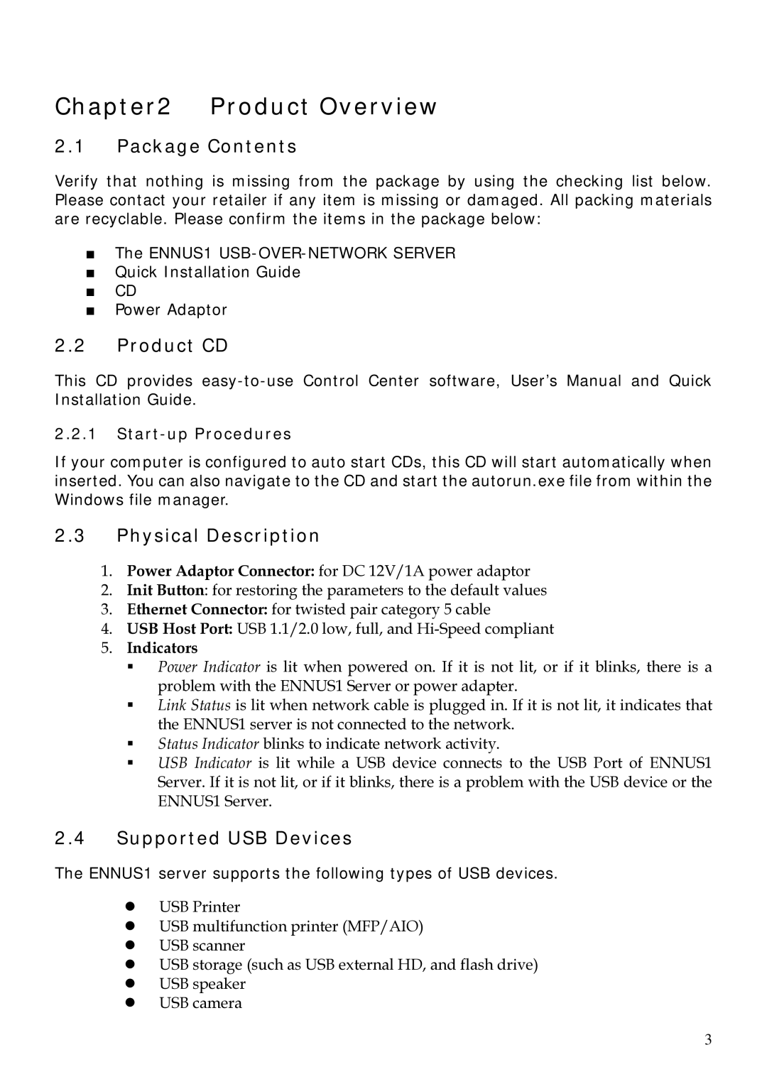 Encore electronic ENNUS1 Product Overview, Package Contents, Product CD, Physical Description, Supported USB Devices 