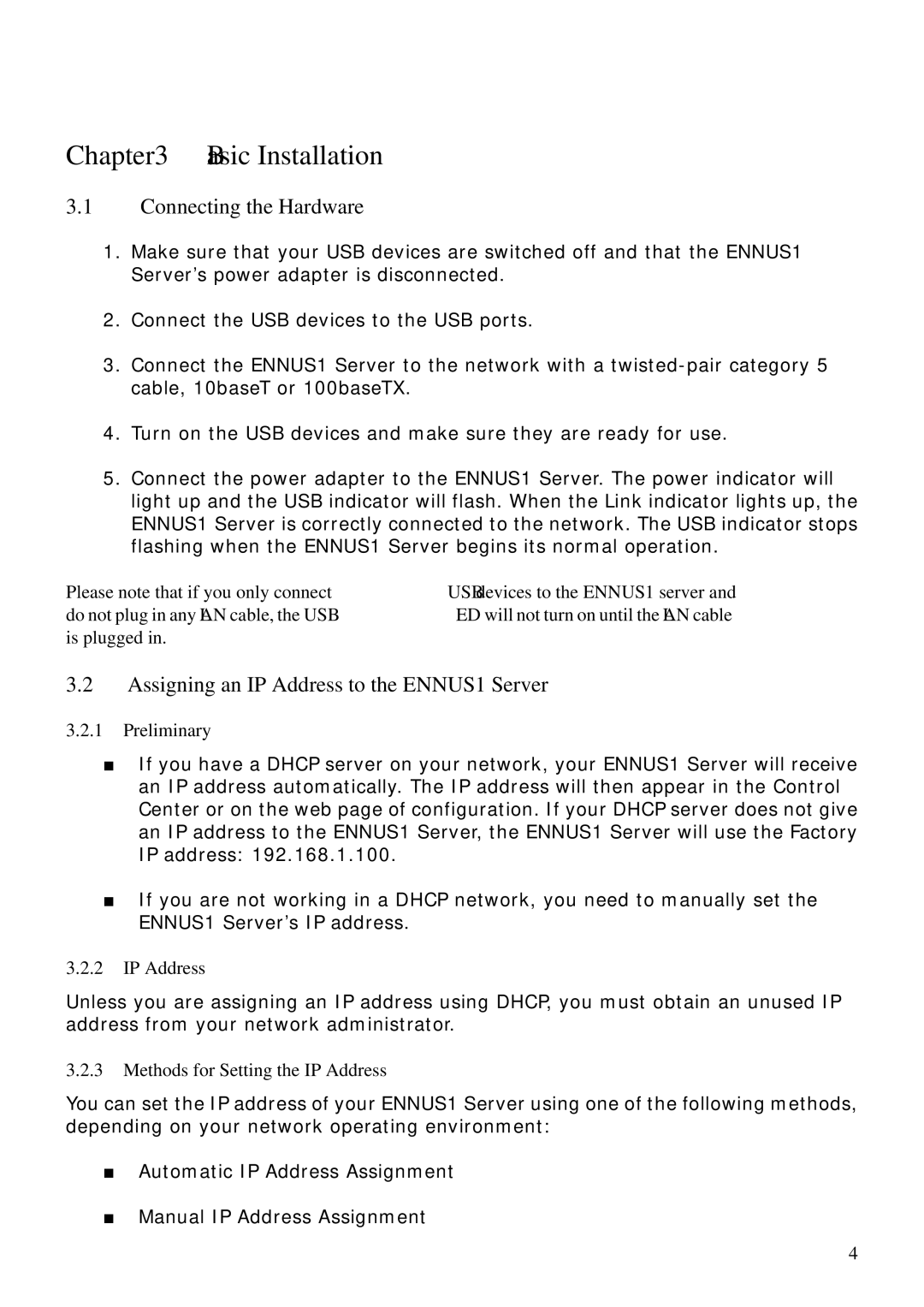 Encore electronic user manual Basic Installation, Connecting the Hardware, Assigning an IP Address to the ENNUS1 Server 