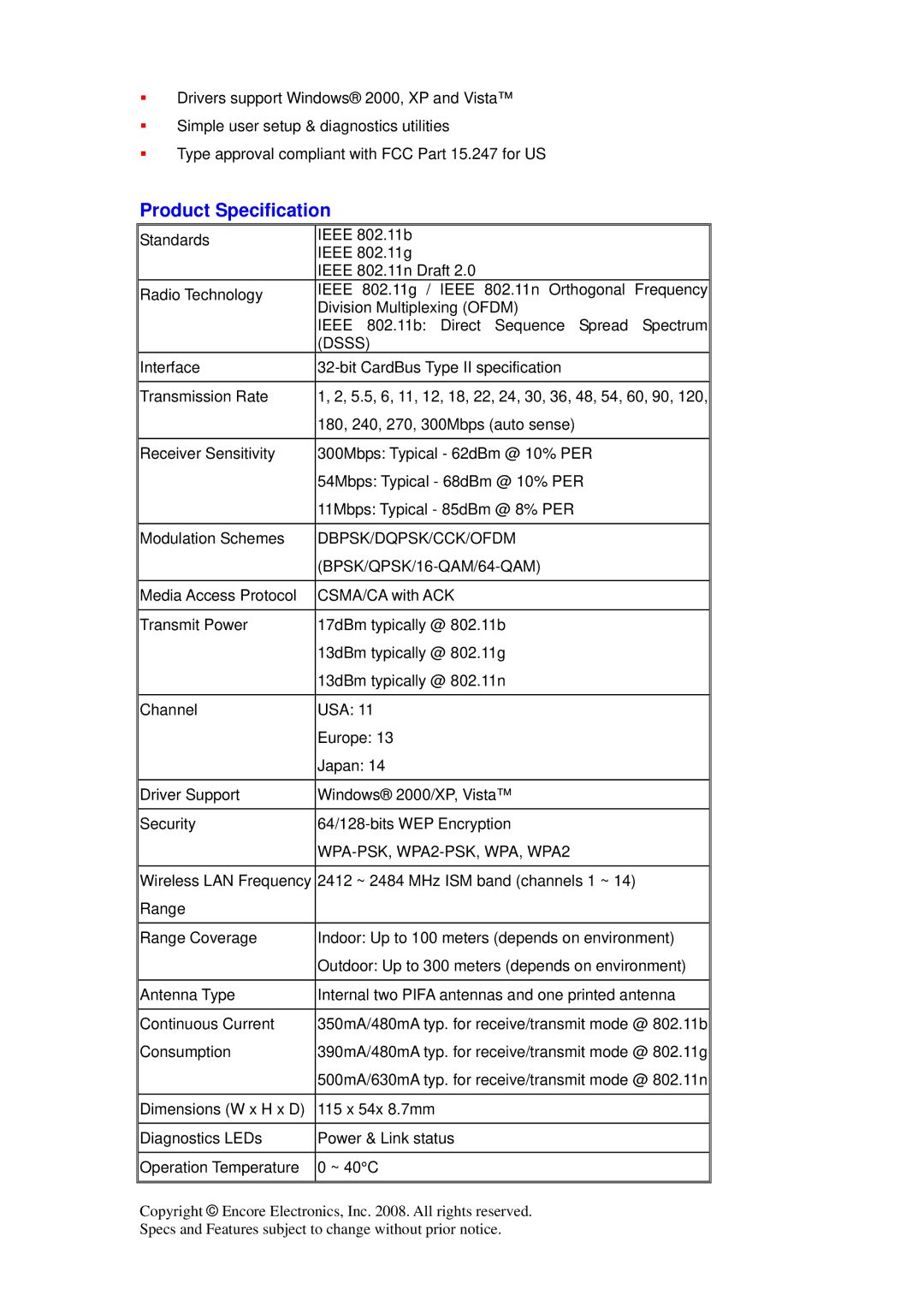 Encore electronic ENPWI-N specifications Product Specification, Dsss, Dbpsk/Dqpsk/Cck/Ofdm, BPSK/QPSK/16-QAM/64-QAM 