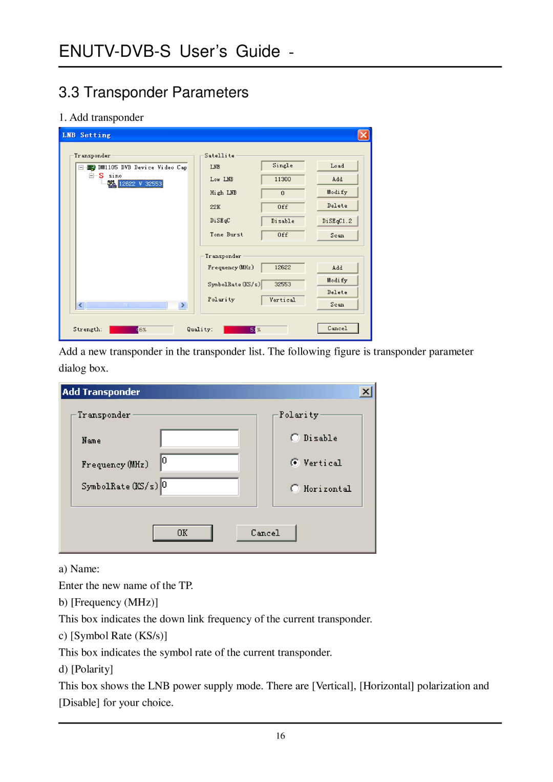 Encore electronic ENUTV-DVB-S manual Transponder Parameters 