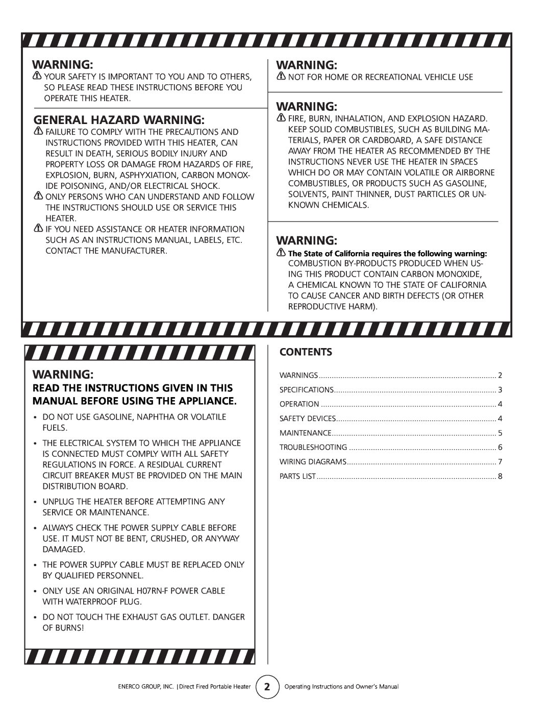 Enerco 3500DF owner manual General Hazard Warning, Contents 