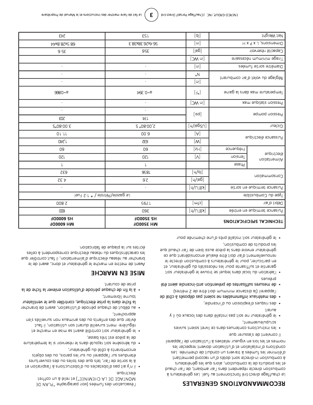 Enerco 3500DF owner manual Che Ma En Mise, Generales Ations Recomman, HS 00DF35, Ations Specifi Al Techni C, 6000DFMH 