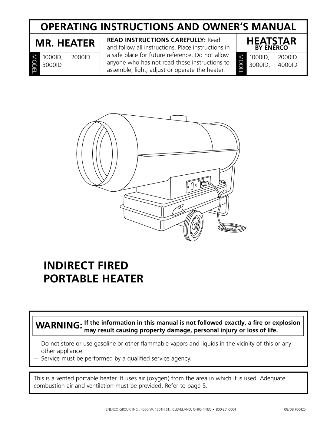 Enerco 4000ID, 2000ID 3000ID, 1000ID owner manual Indirect Fired Portable Heater 