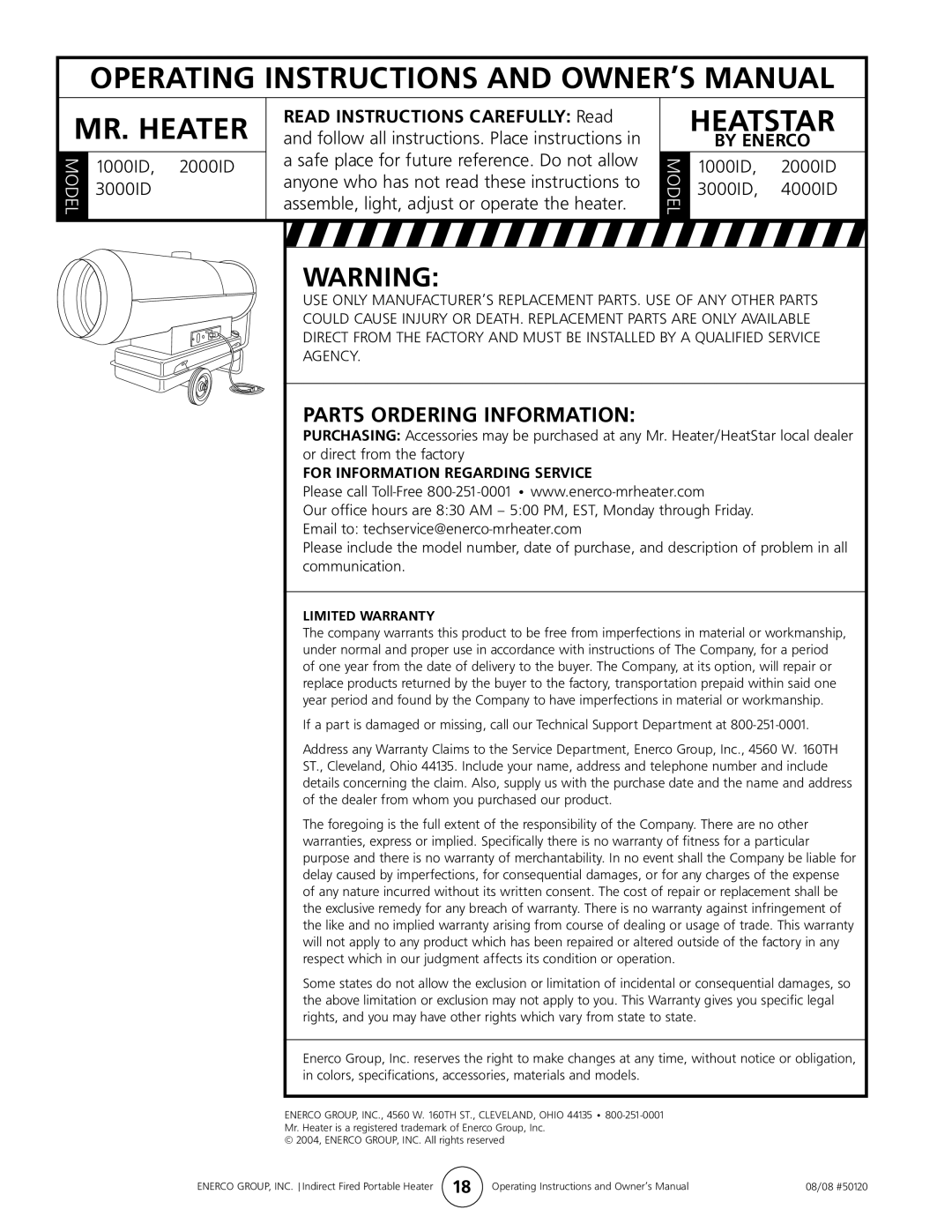 Enerco 2000ID 3000ID, 4000ID owner manual 1000ID 2000ID Safe place for future reference. Do not allow 