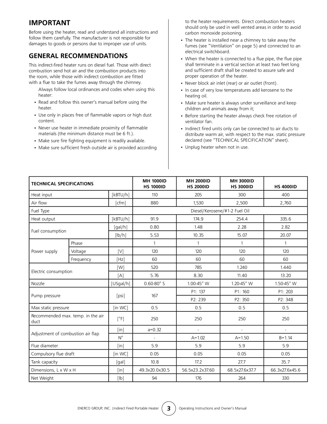 Enerco 1000ID, 4000ID, 2000ID 3000ID owner manual General Recommendations 