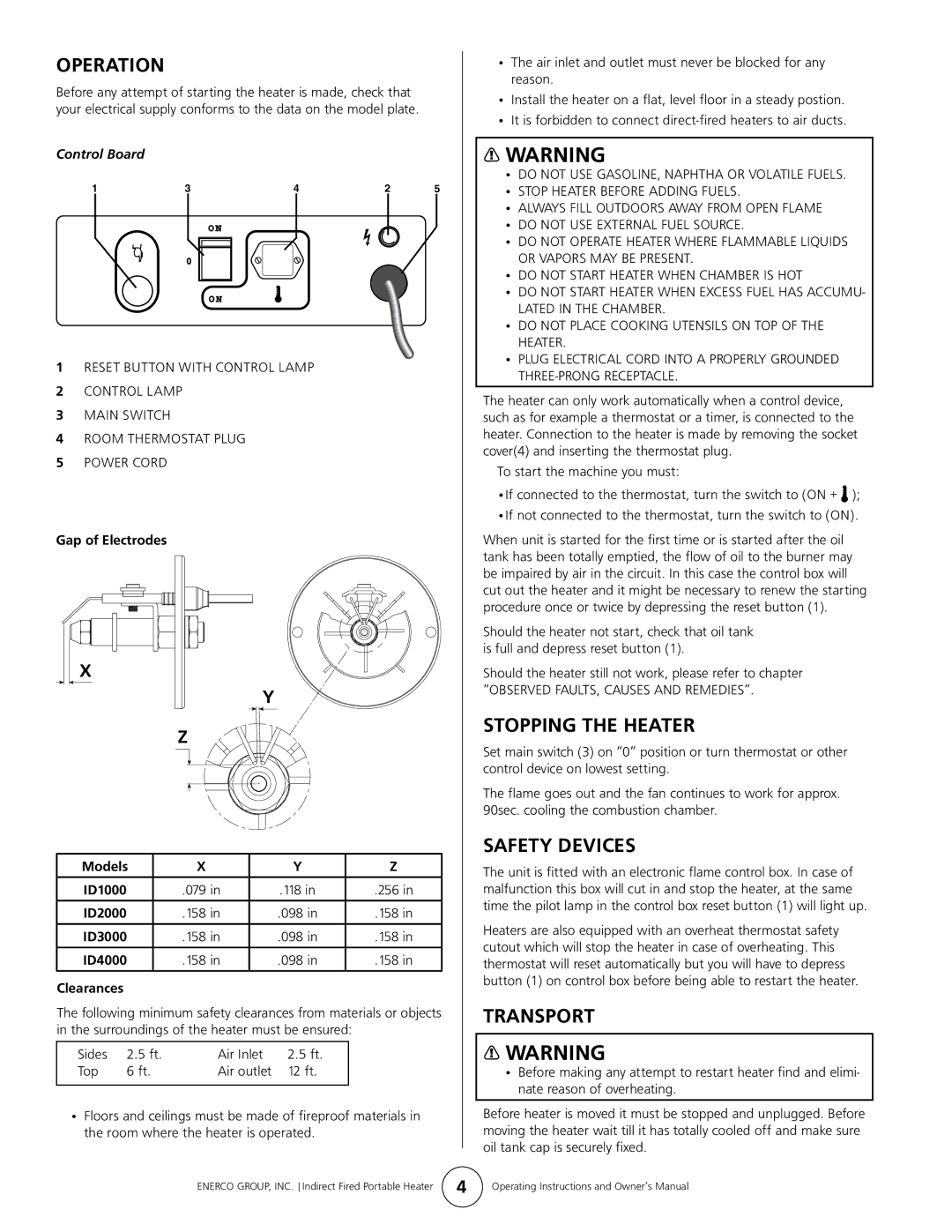 Enerco 4000ID, 2000ID 3000ID, 1000ID owner manual Operation, Stopping the Heater, Safety Devices, Transport 