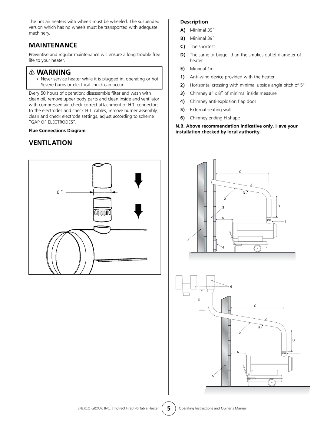 Enerco 4000ID, 2000ID 3000ID, 1000ID owner manual Maintenance, Ventilation, GAP of Electrodes, Flue Connections Diagram 